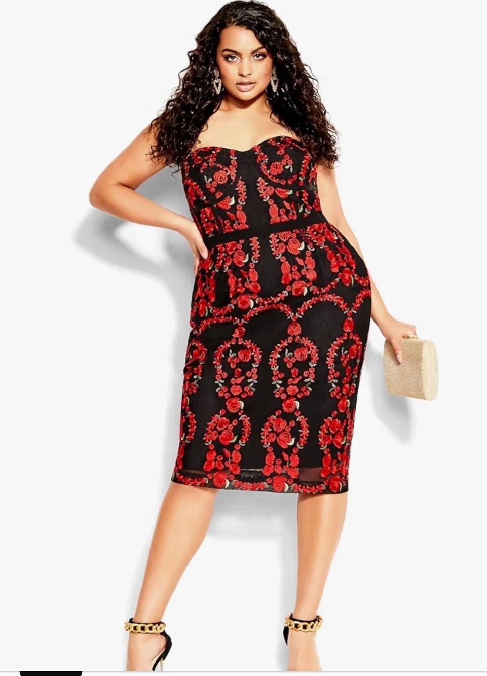 NWT City Chic XL 22 Bodycon Dress Dolce Black Red Rose Embroidered Mesh Cocktail